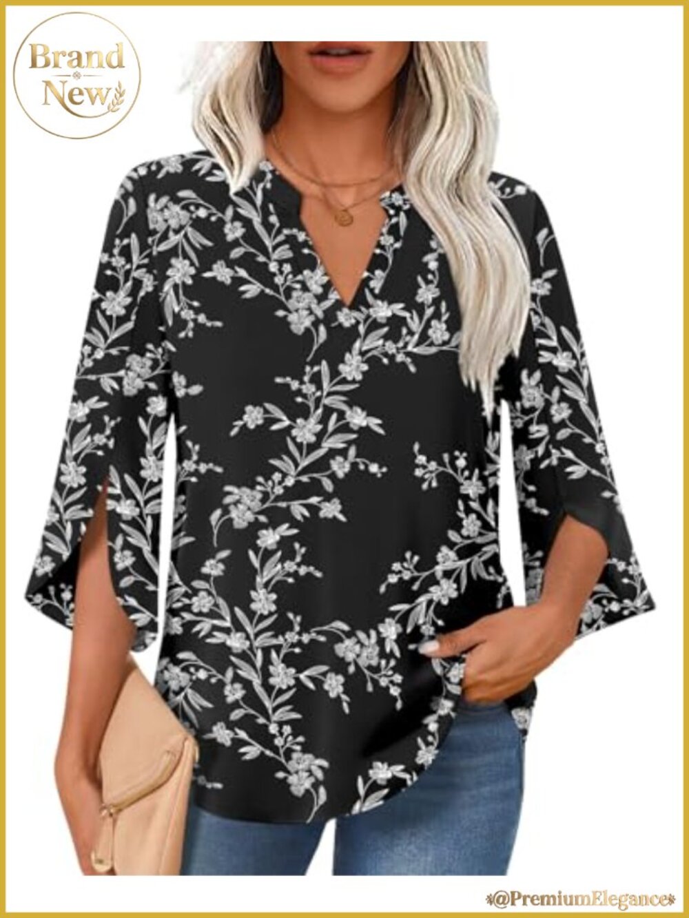 Women's 3/4 Sleeve V-Neck Chiffon Blouse Floral Office Work Top with Pleated